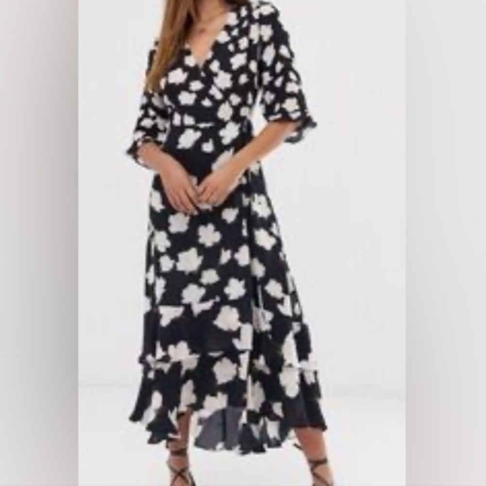 All Saints Delana Caro Black Floral Crepe Wrap Maxi Dress
